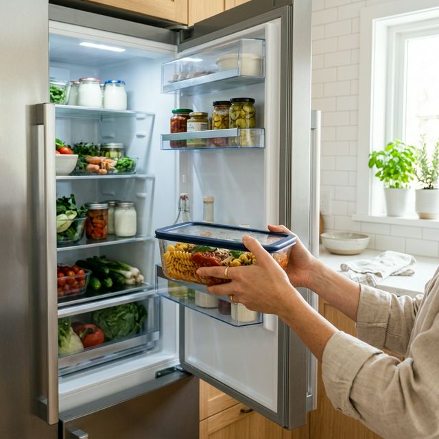 A pair of hands placing a glass food storage container filled with fresh pasta and tomato sauce into a modern refrigerator.