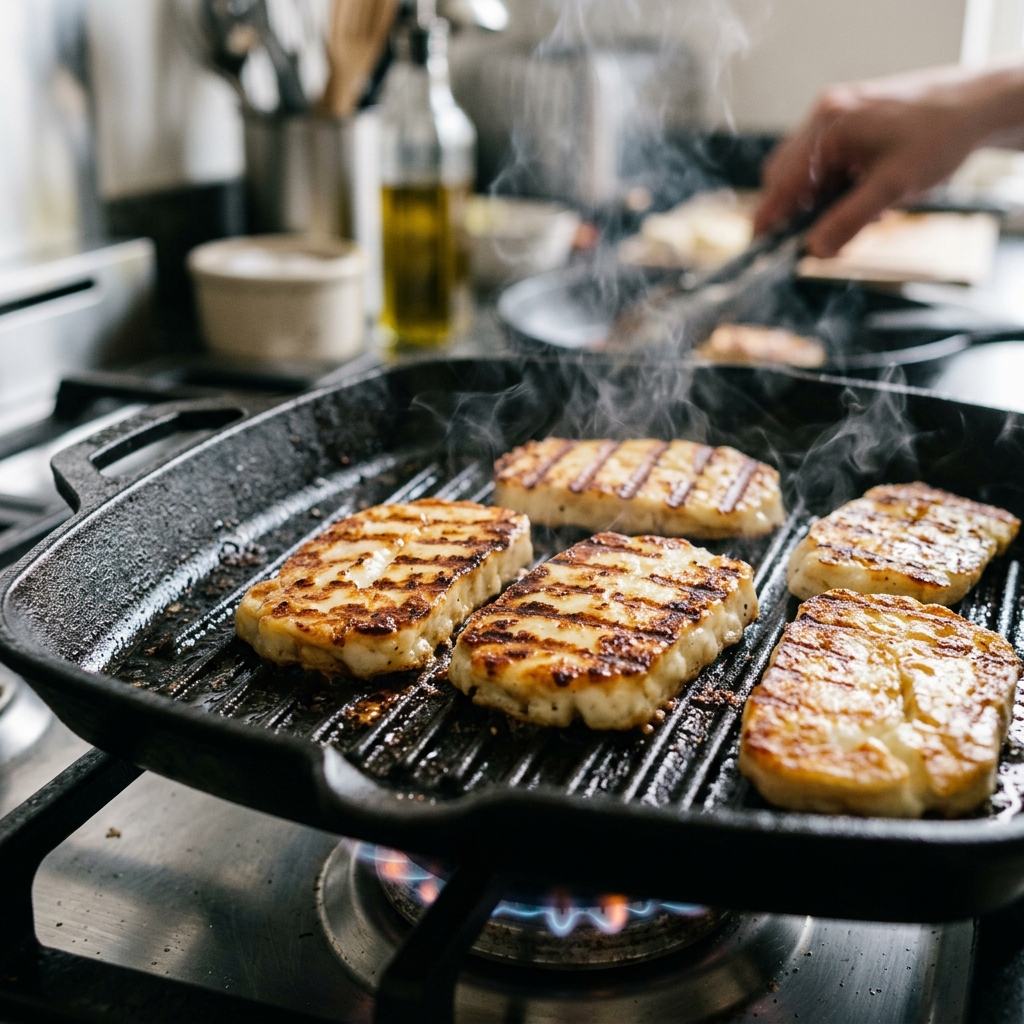 Slices of Halloumi cheese being grilled on a pan, illustrating the high-heat safety step for pregnancy.