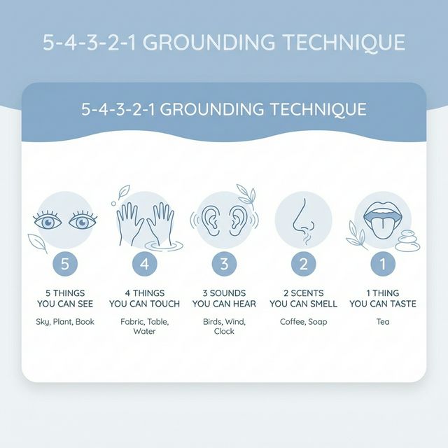 5-4-3-2-1 Grounding Technique: 5 See, 4 Touch, 3 Hear, 2 Smell, 1 Taste