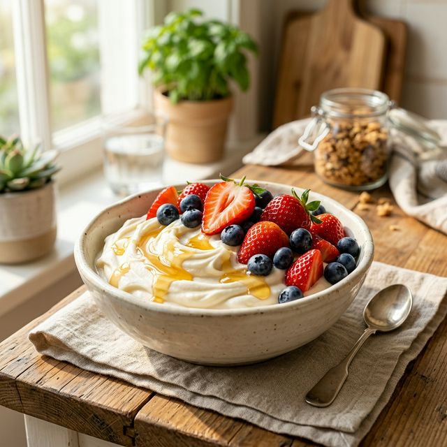Healthy frozen yogurt with fresh fruit and honey