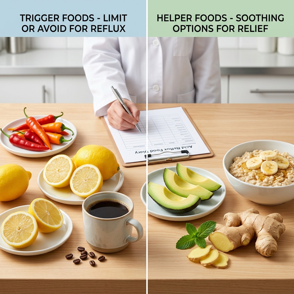 A clinical comparison chart showing heartburn triggers like spicy foods and coffee versus helper foods like avocado and ginger.