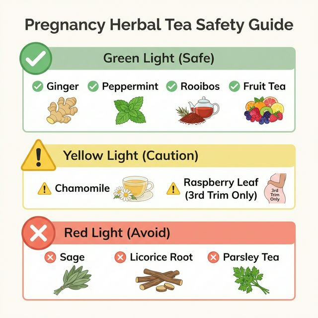 Herbal Tea Safety Chart: Green for Ginger/Peppermint, Yellow for Chamomile/Raspberry Leaf, Red for Sage/Licorice
