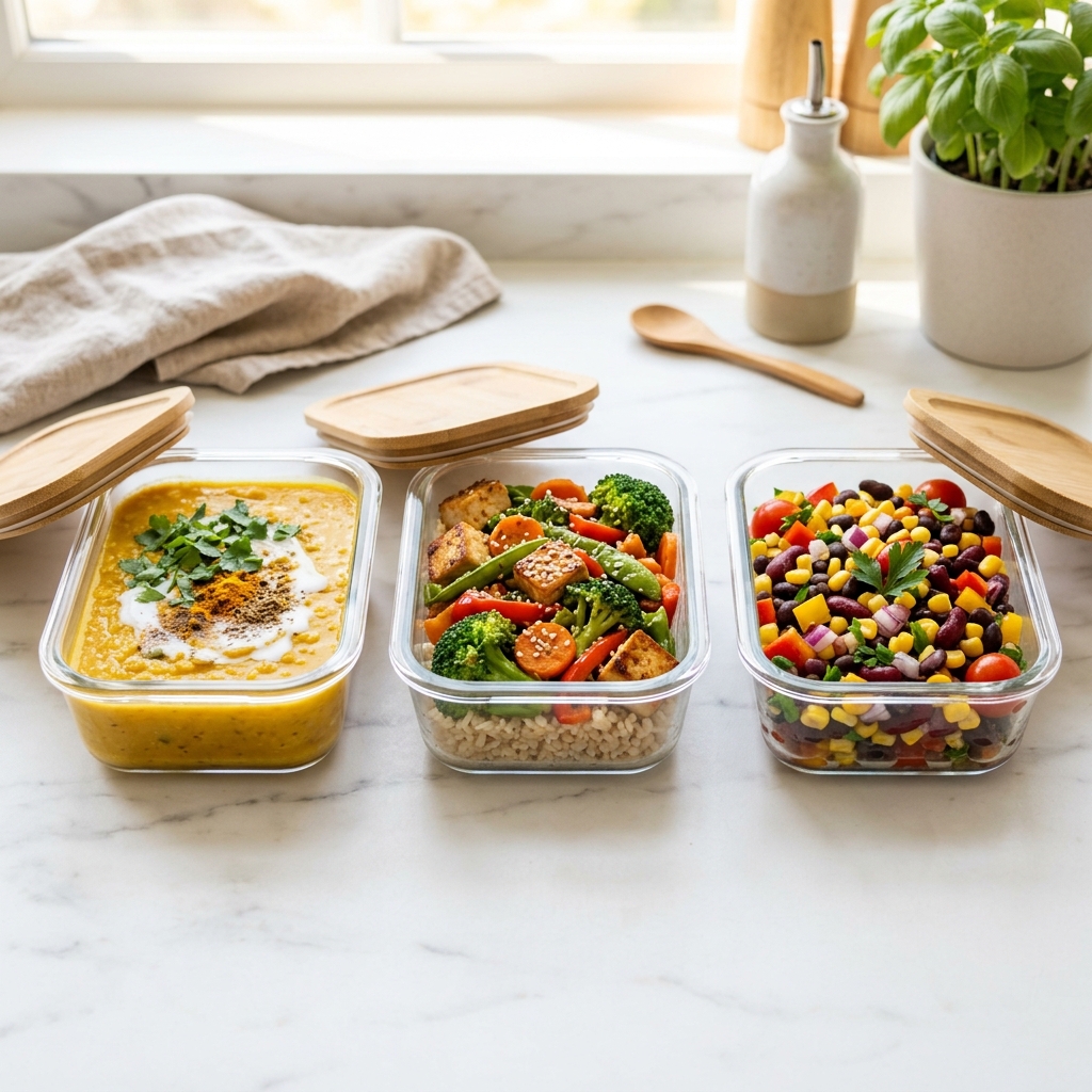 Glass containers with high-protein vegetarian meal prep for the first trimester.