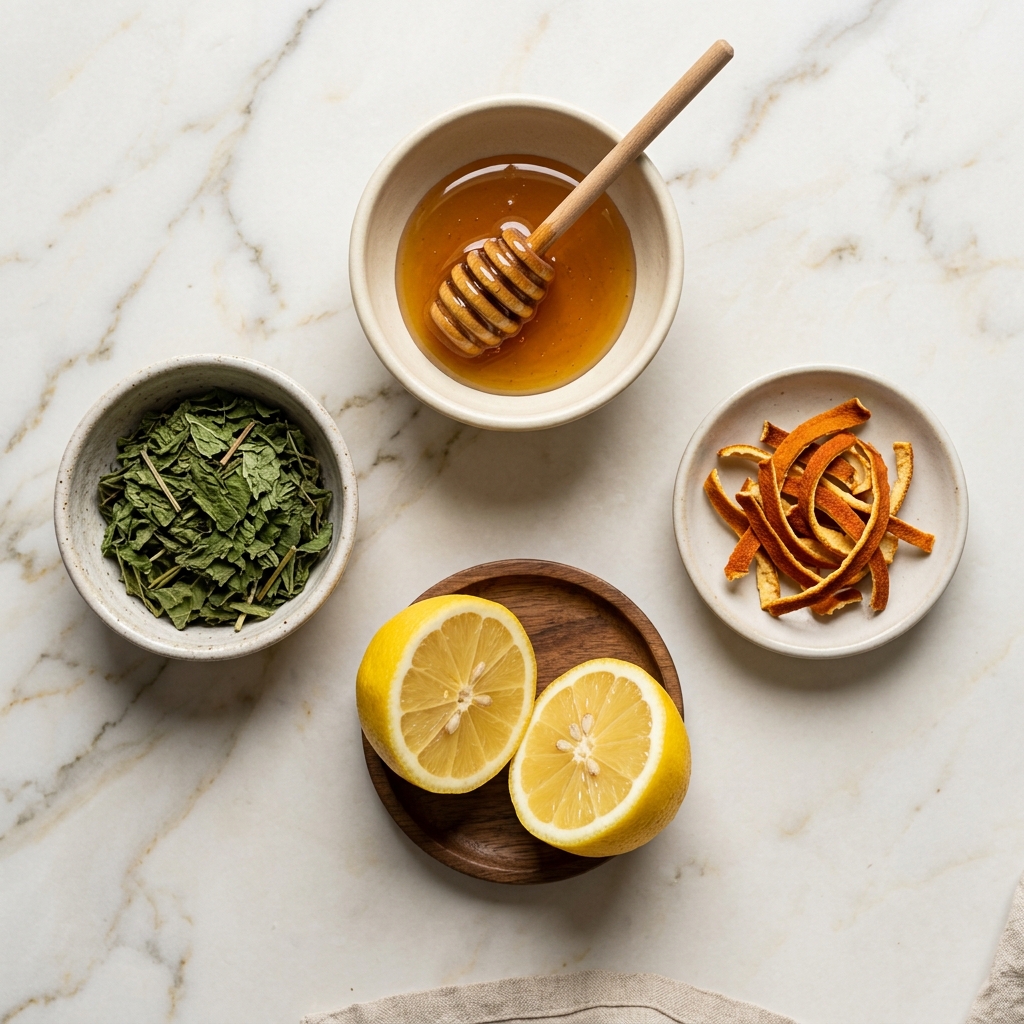 A flat-lay of Medicine Ball ingredients: honey, fresh mint, and lemon—simple components that hide a higher-than-expected sugar count.