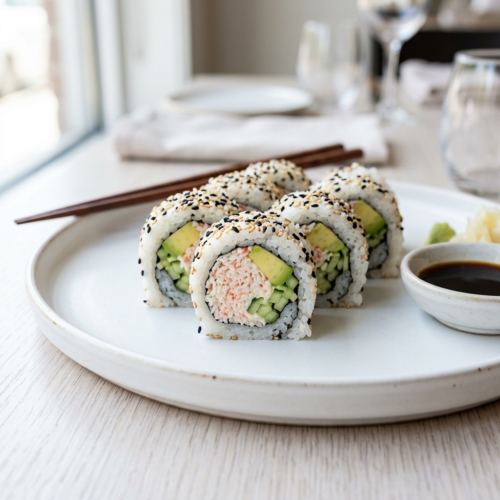 A crisp, minimal shot of California rolls—the imitation crab inside is 100% cooked and safe.