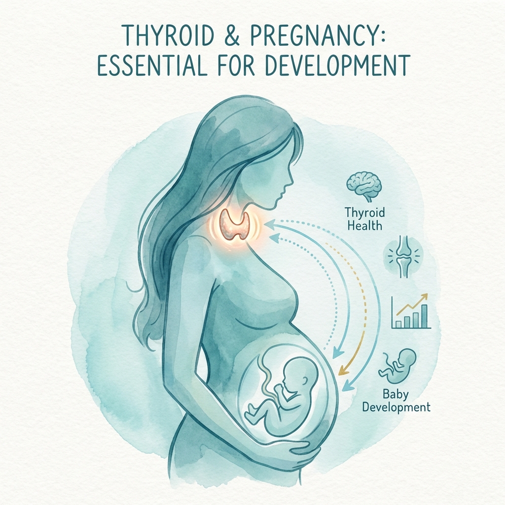 Illustration showing thyroid gland importance during pregnancy and connection to baby brain development