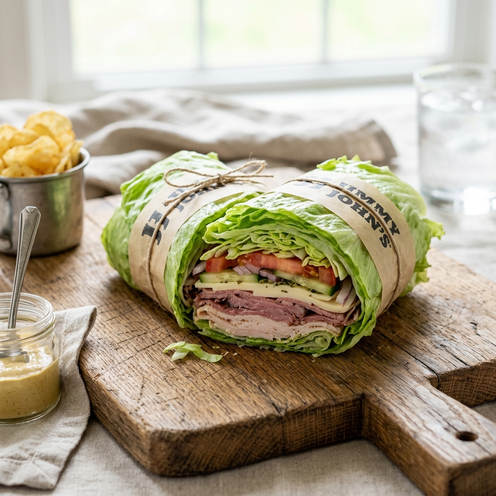An editorial shot of a lettuce-wrapped Jimmy John's style 'unwich' overflowing with sliced meats and veggies.