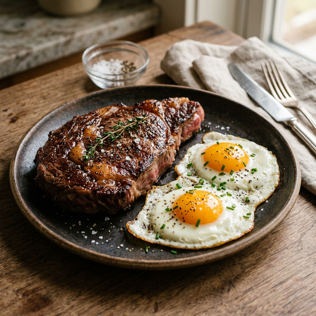 A high quality grass-fed steak with eggs, representing nutrient-dense animal foods