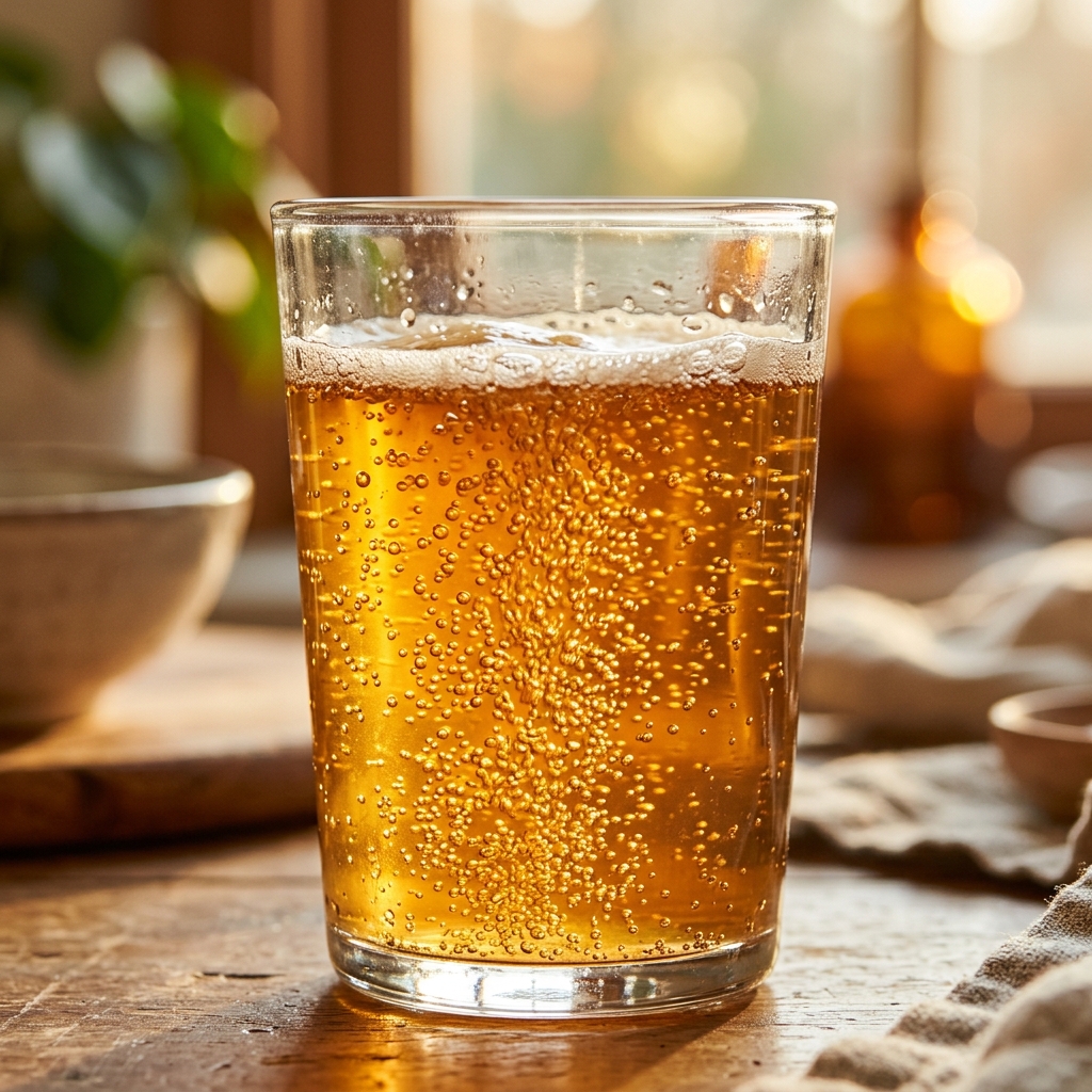 Macro shot of active carbonation and fermentation bubbles in a glass of golden kombucha.