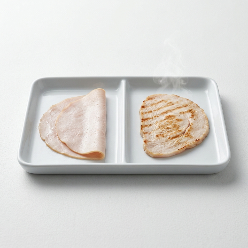 Editorial contrast showing cold deli meat versus vibrant, steaming toasted meat on a clinical white tray.