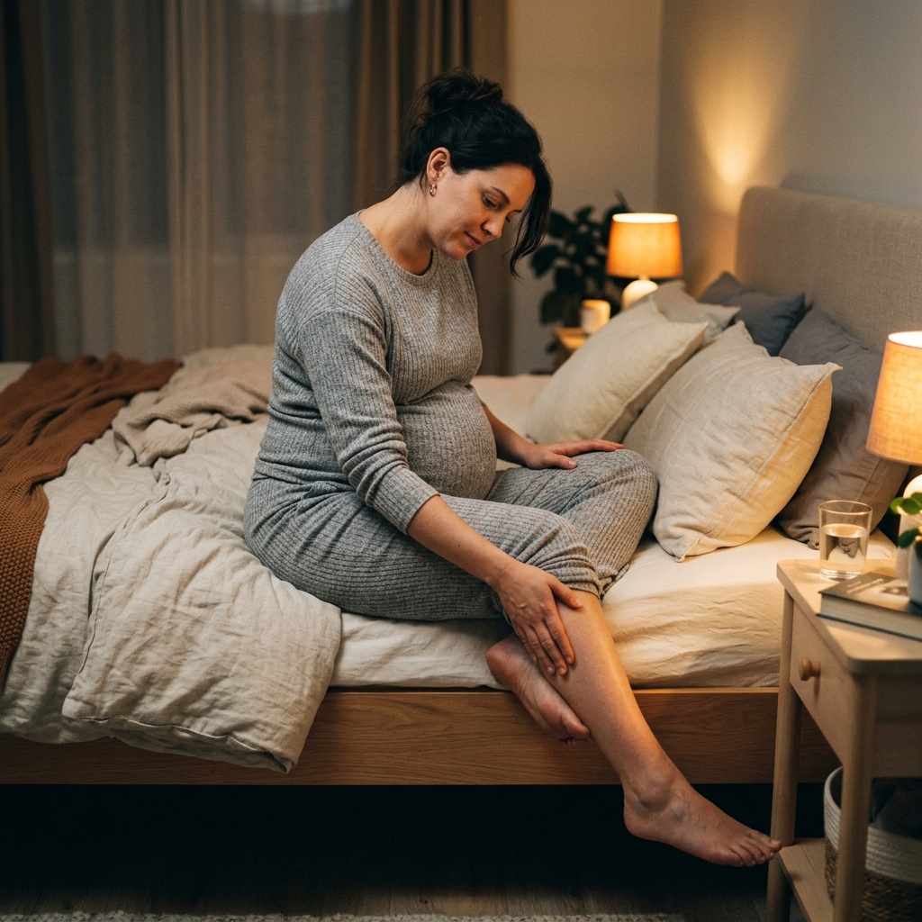 A pregnant woman rubbing her leg to illustrate cramps, a common sign of magnesium deficiency during pregnancy.