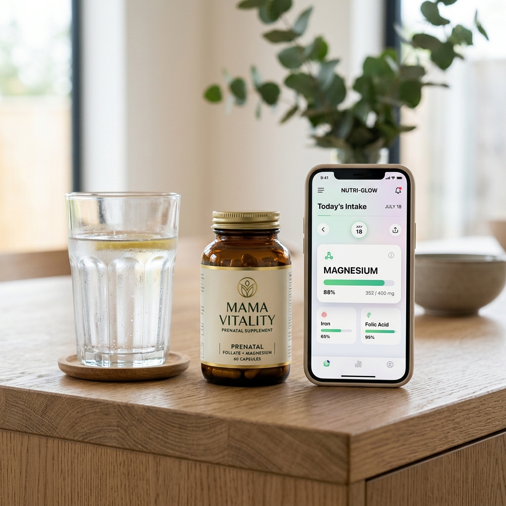A smartphone showing a nutrient tracking app next to a prenatal supplement, illustrating the importance of monitoring intake.