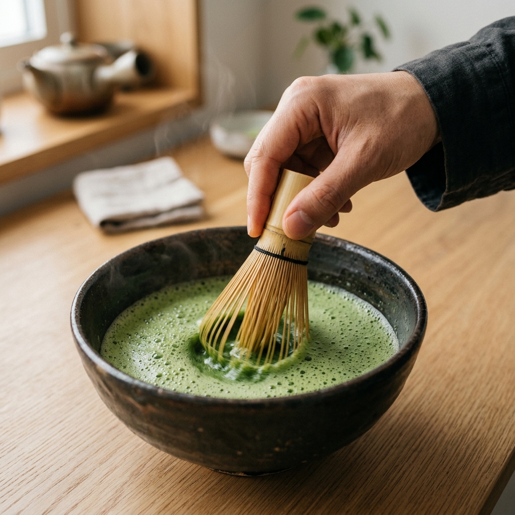 A Barista carefully whisking ceremonial Matcha.