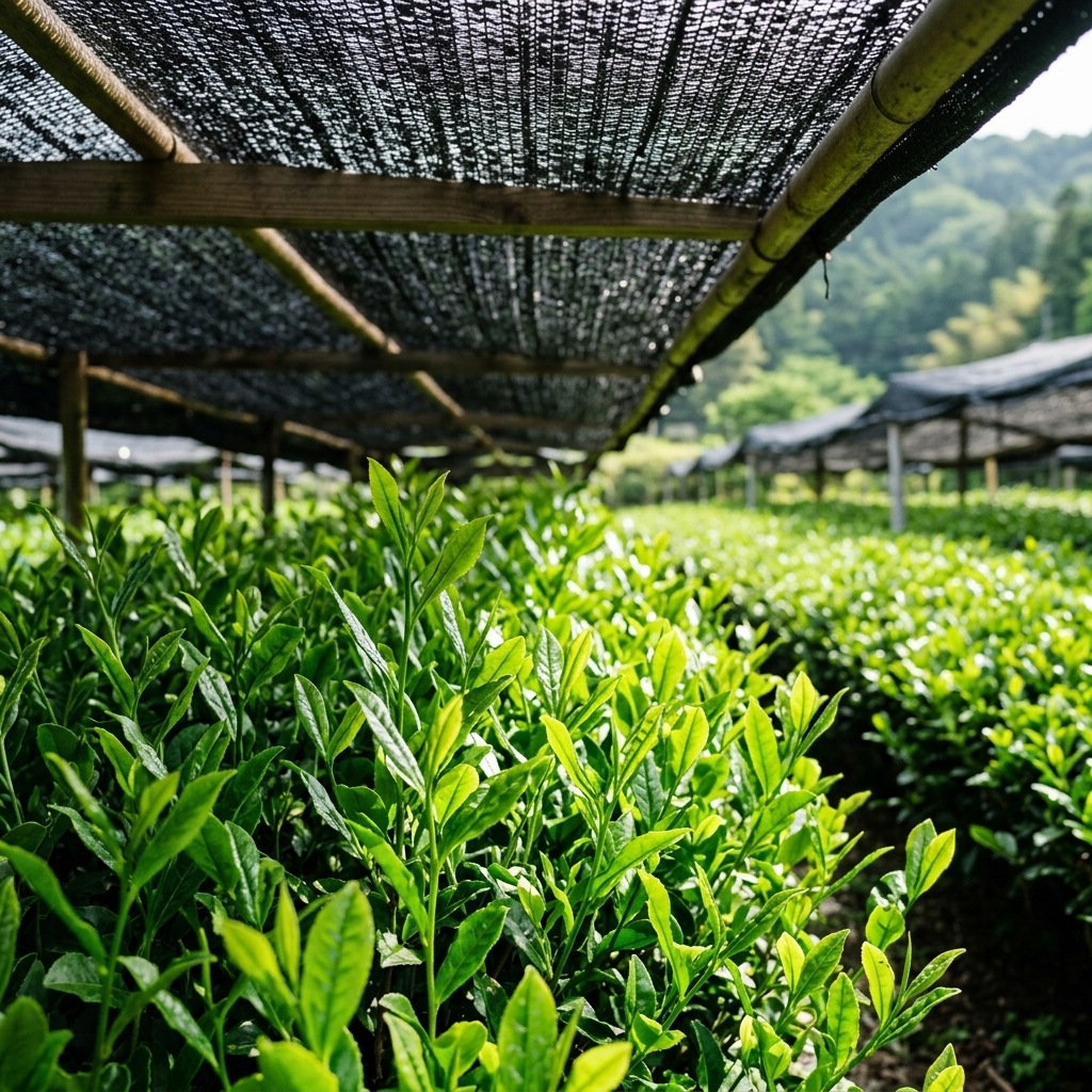 A shot of shade-grown tea leaves in Japan—illustrating the meticulous care that reduces environmental stress on the plant.