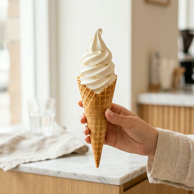 A perfect, swirling vanilla soft-serve cone with a classic wafer cone on a clean background.