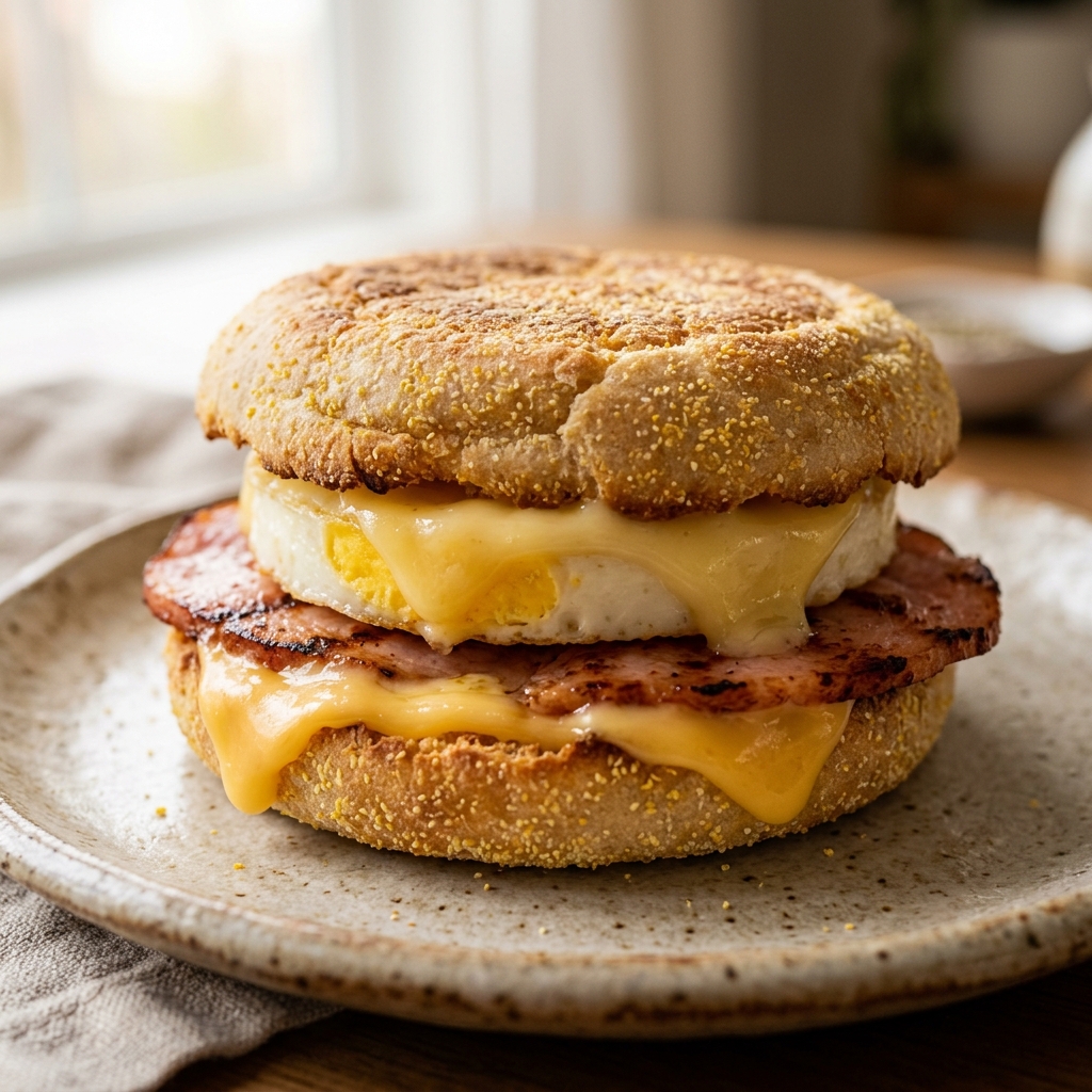 Macro shot of a perfectly cooked Egg McMuffin with melted cheese and Canadian bacon.