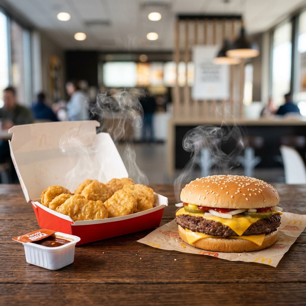 Professional shot of McNuggets and a Quarter Pounder showing steam and thorough cooking.