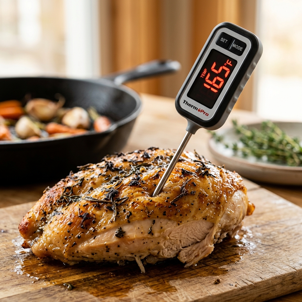 A professional macro shot of a digital meat thermometer reading 165°F in a chicken breast, emphasizing the only true measure of safety.