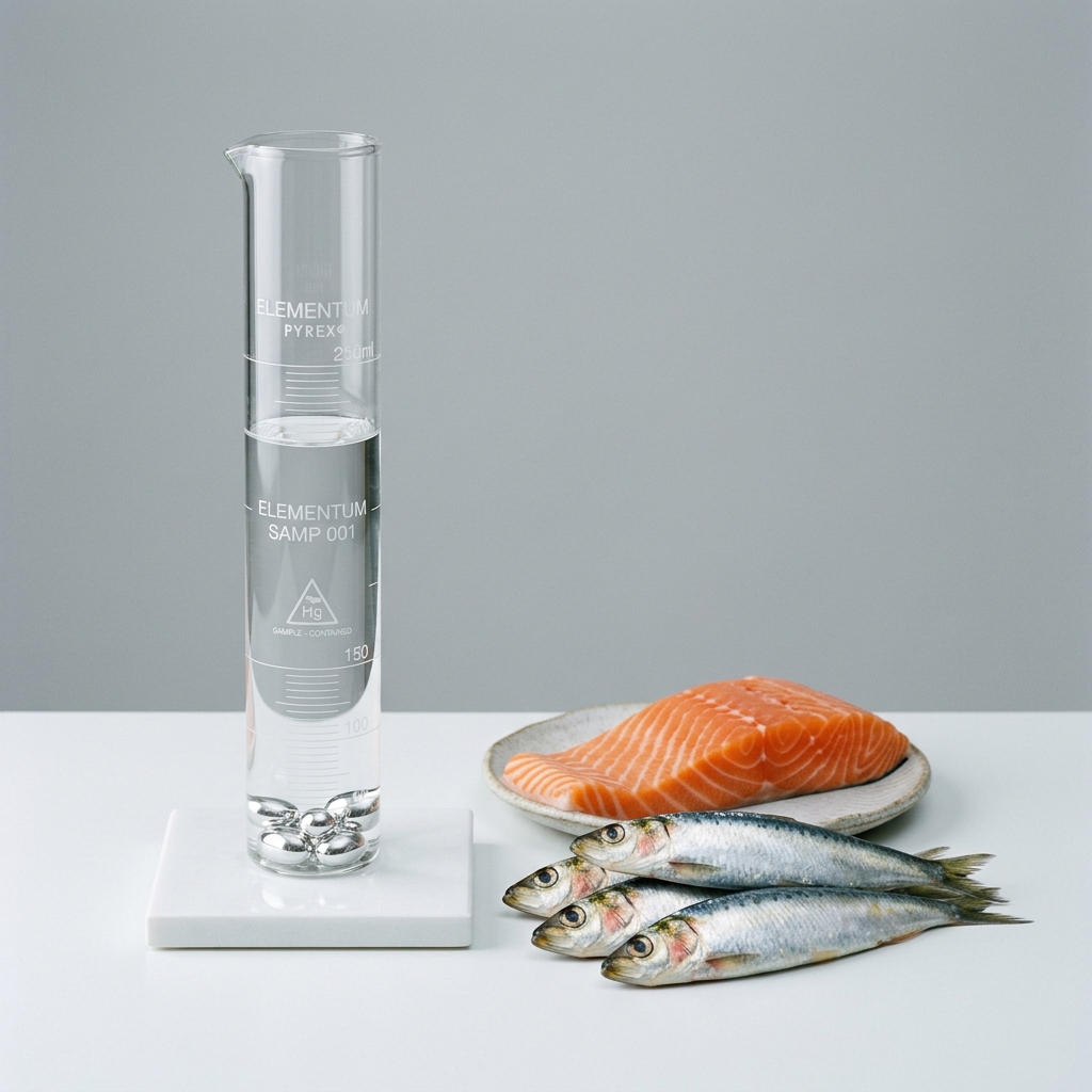 Clinical conceptual shot of mercury droplets in a glass cylinder next to safe fish like sardines and salmon.