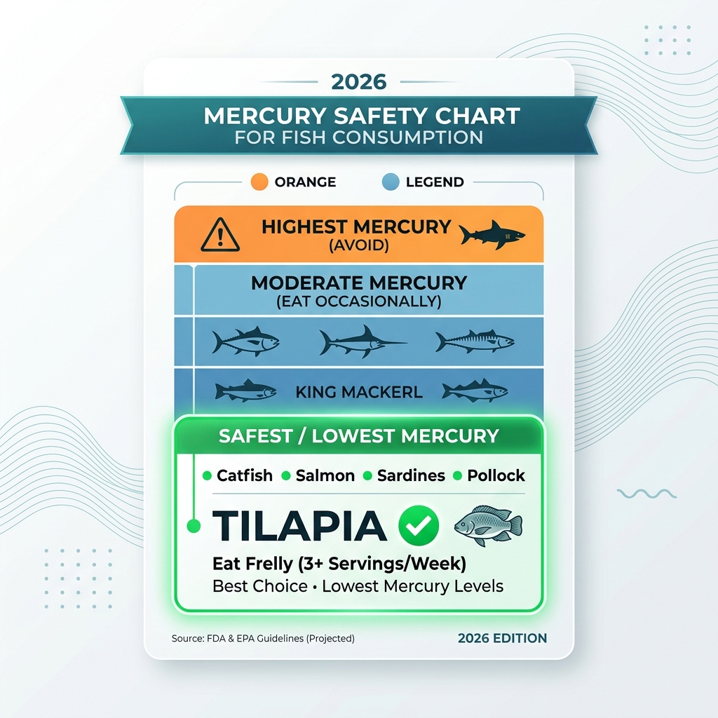 A clean, minimalist mercury safety chart showing Tilapia at the absolute bottom (safest level).