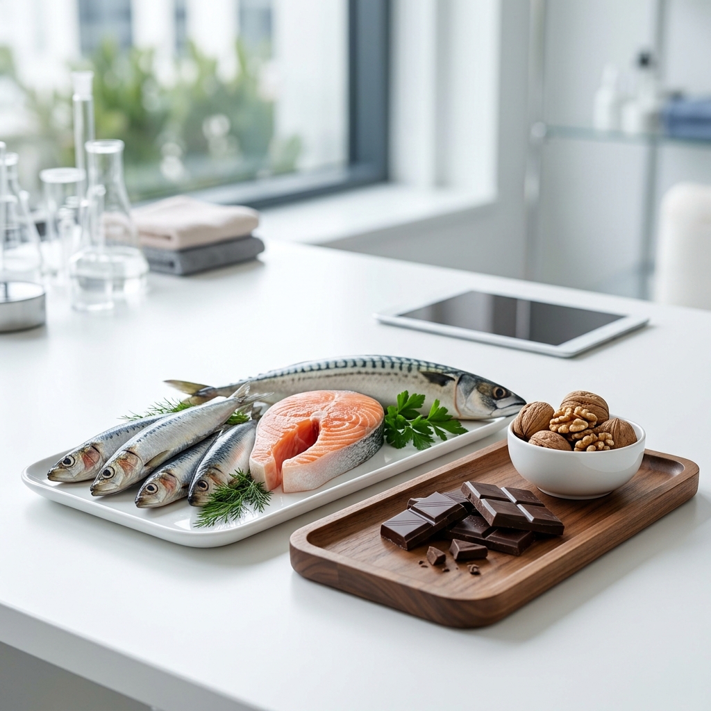 An editorial arrangement of small silver sardines, walnuts, and fresh salmon—components of the SMASH protocol.