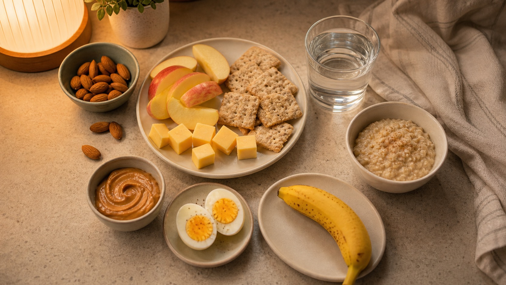 A warm flatlay of pregnancy-friendly midnight snacks including crackers, cheese, apple slices, peanut butter, egg, almonds, oatmeal, banana and water.