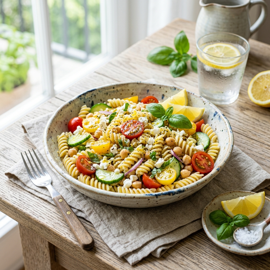 A chilled lemon-herb pasta salad—the gold standard of low-odor first trimester dinners.