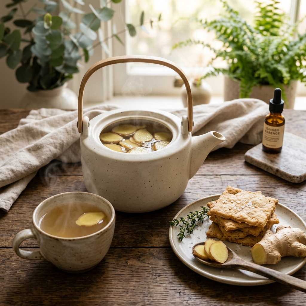 Fresh ginger tea and sea salt crackers—the ultimate duo for managing first-trimester nausea peaks.