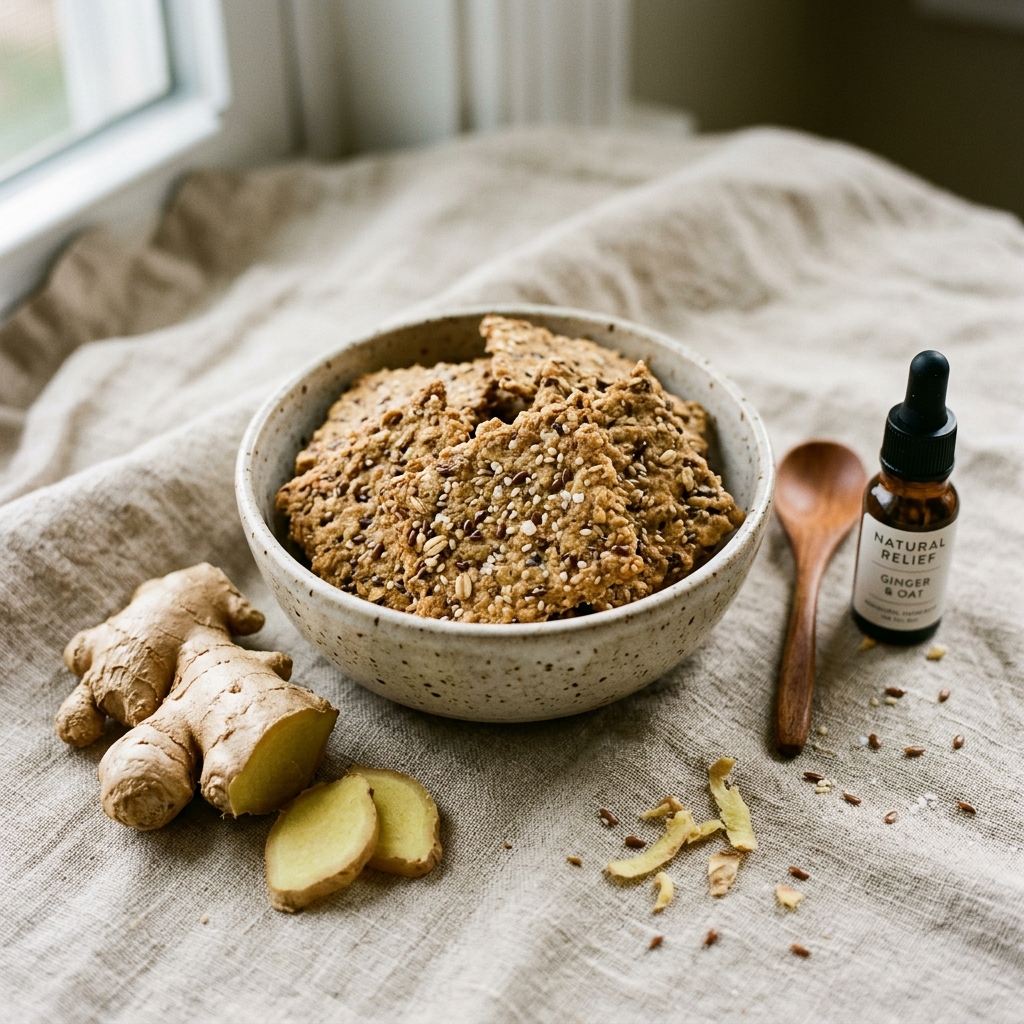 Macro shot of artisanal whole grain crackers and fresh ginger root on a calming linen texture.