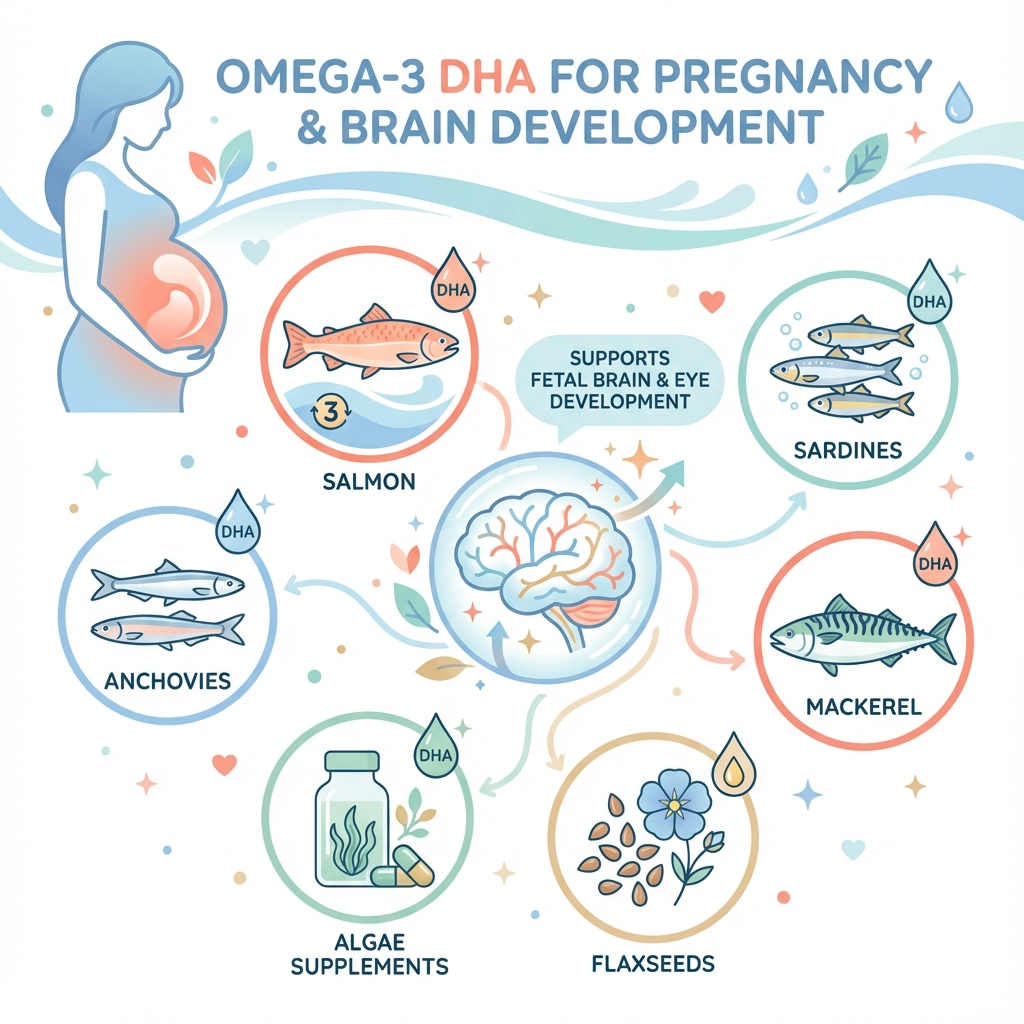 Omega-3 DHA rich foods infographic showing salmon, sardines, and supplements
