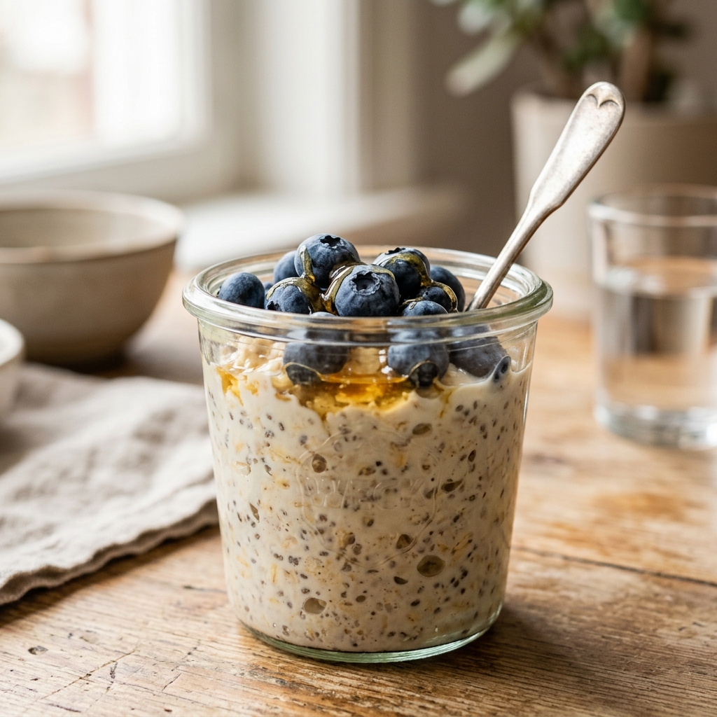 Macro shot of a jar of blueberry overnight oats, a staple first-trimester meal prep breakfast.