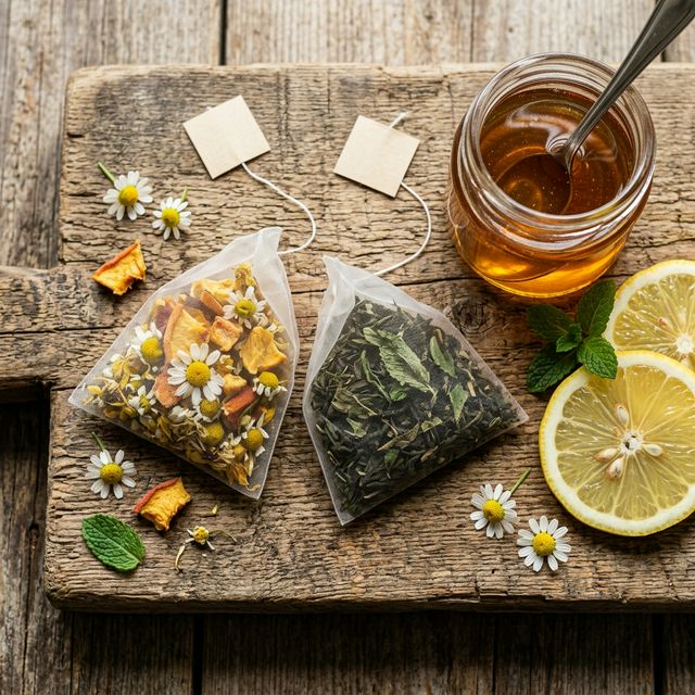 Macro shot of peach chamomile and citrus mint tea bags next to honey