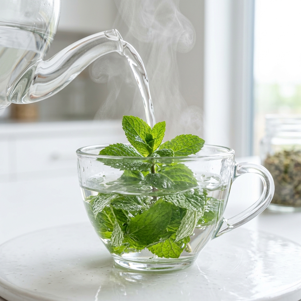 Close up macro photograph of hot water being poured over fresh mint leaves in a glass teacup.