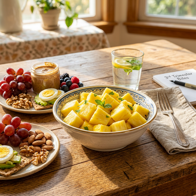 Freshly cut pineapple chunks representing a healthy pregnancy snack
