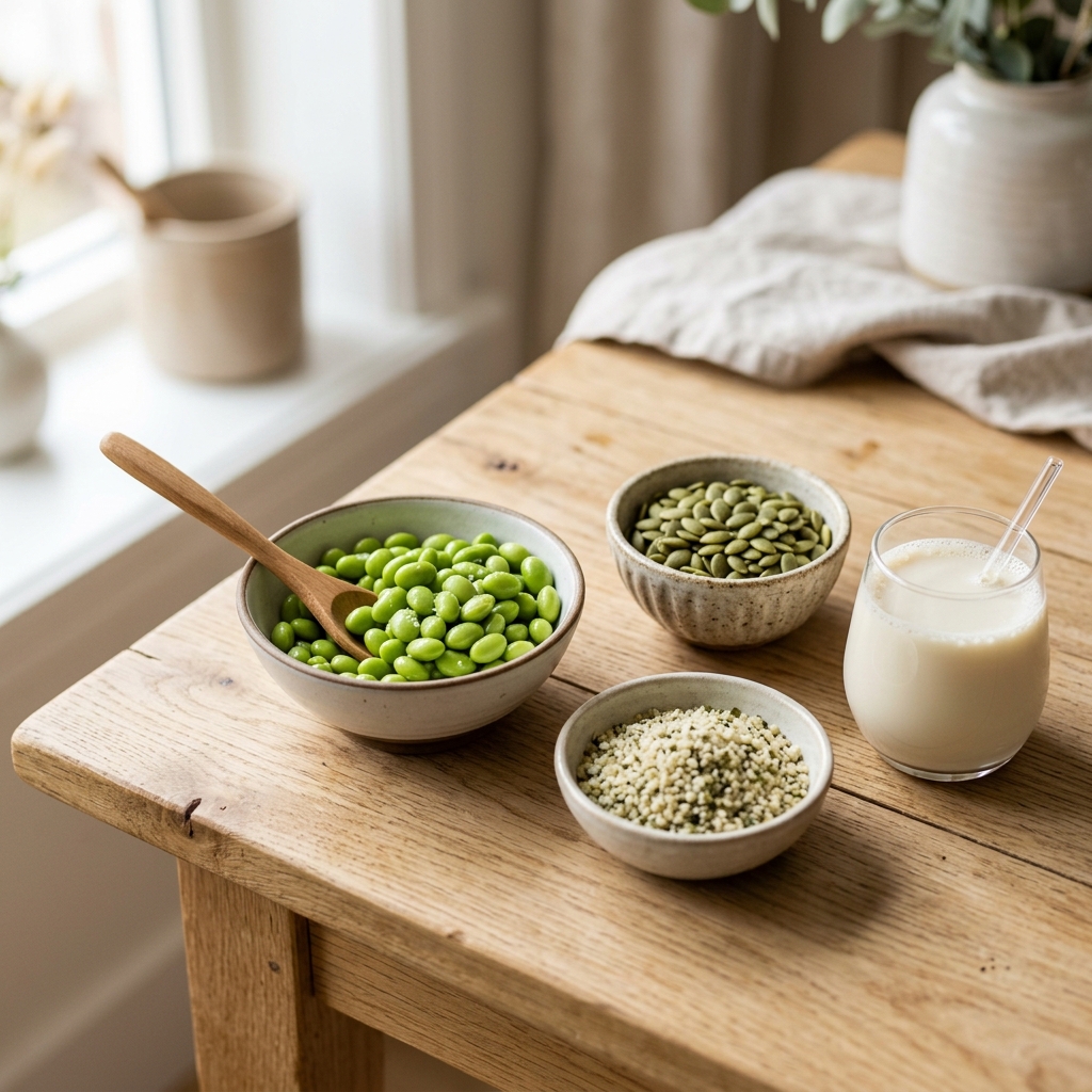 A variety of plant-based protein sources like seeds and edamame—perfect for managing pregnancy meat aversions.