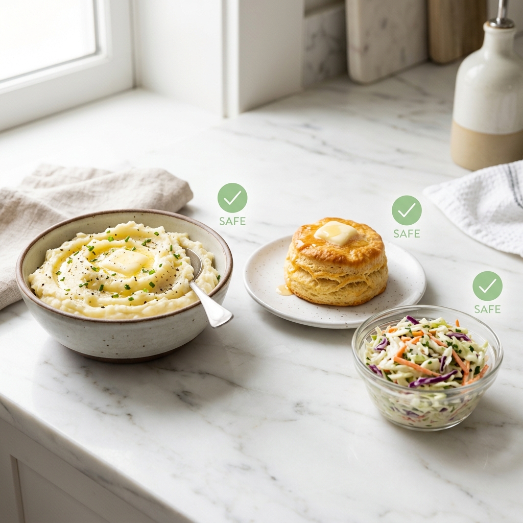 A clean shot of Popeyes sides including mashed potatoes, biscuits, and coleslaw with green 'SAFE' checkmarks.