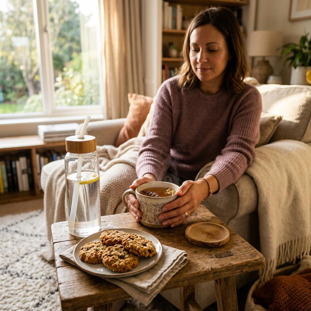 A mother holding a warm mug of tea next to a large water bottle and lactation cookies