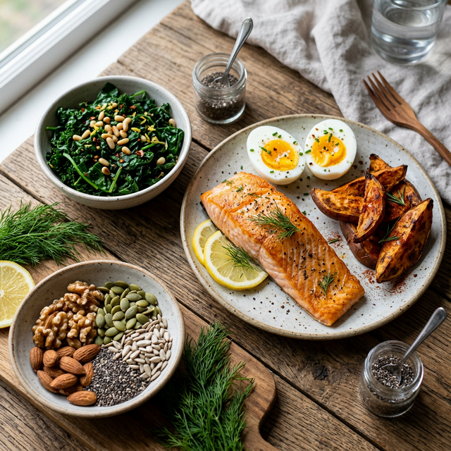 A close up of nutrient dense postpartum foods including salmon, eggs, sweet potatoes, and leafy greens