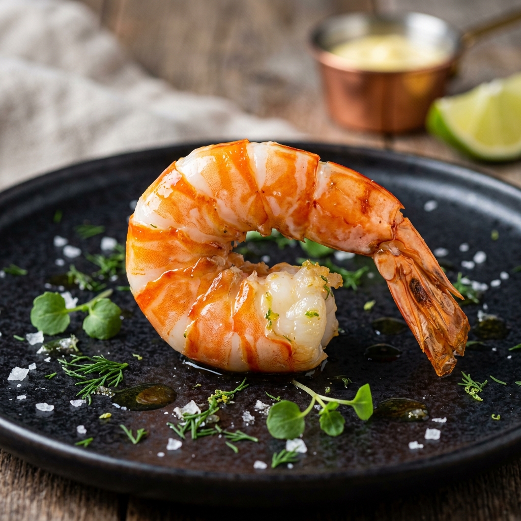 Macro shot of a perfectly cooked prawn, showing the orange and white stripes and emphasizing cleanliness and thorough preparation.