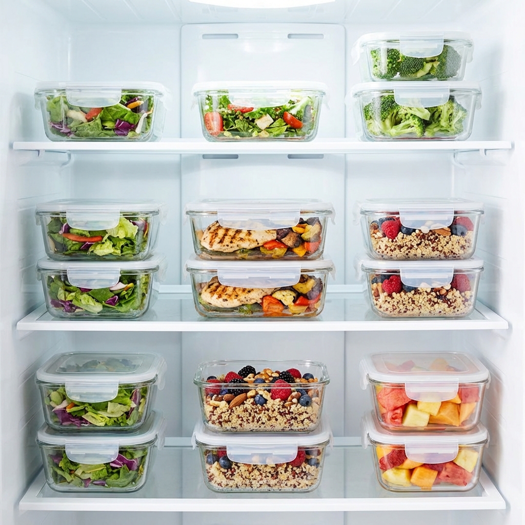 Organised fridge with glass containers for safe food storage