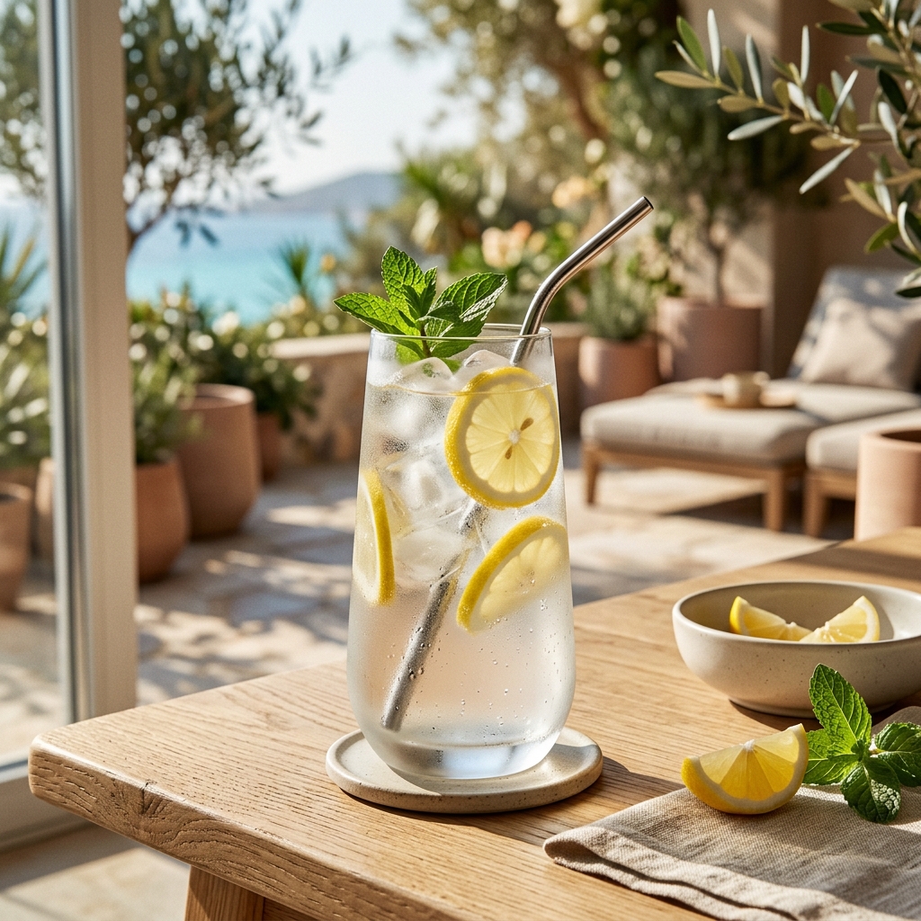 Premium lifestyle shot of a chilled glass of lemon and mint water in sun-drenched wellness setting.