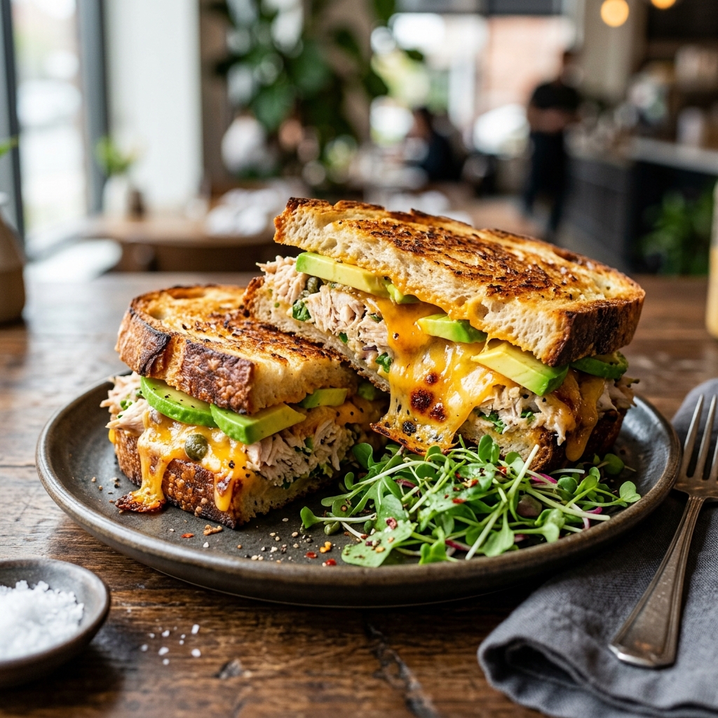 Close-up gourmet food shot of a hot, perfectly melted tuna sandwich on sourdough with avocado.