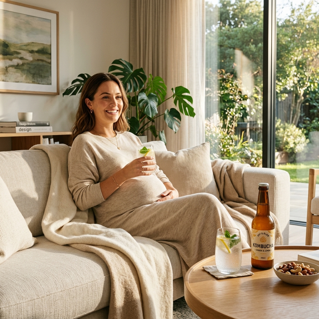 A pregnant woman enjoying a safe alternative drink: sparkling water with lemon and mint in a sunlit room.