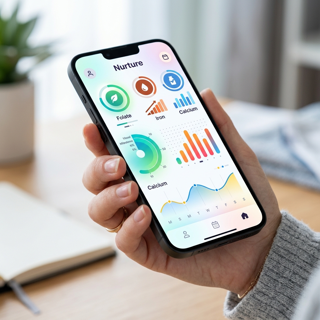 A high-fidelity smartphone dashboard showing a healthy weight gain curve and successful nutrient tracking metrics.