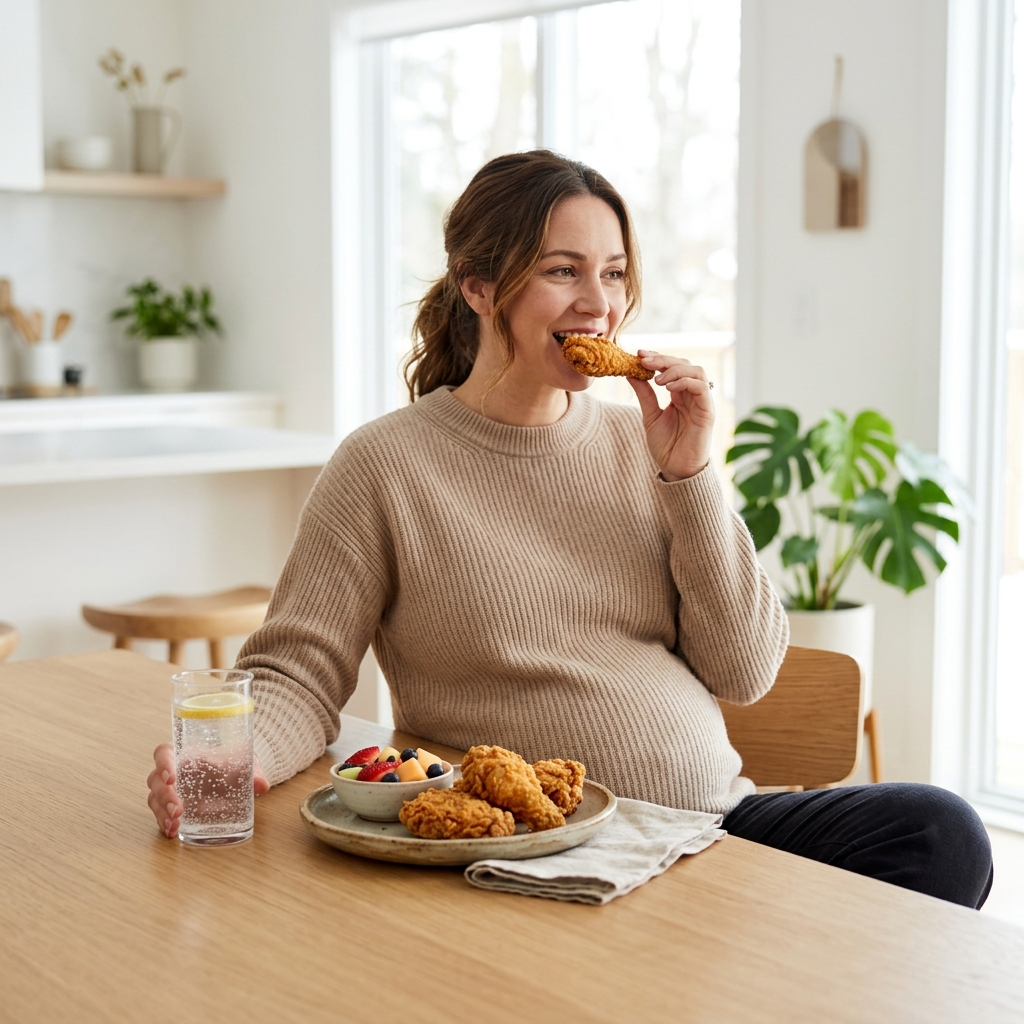 A pregnant woman enjoying a balanced meal of Popeyes chicken with a side of fruit and sparkling water.