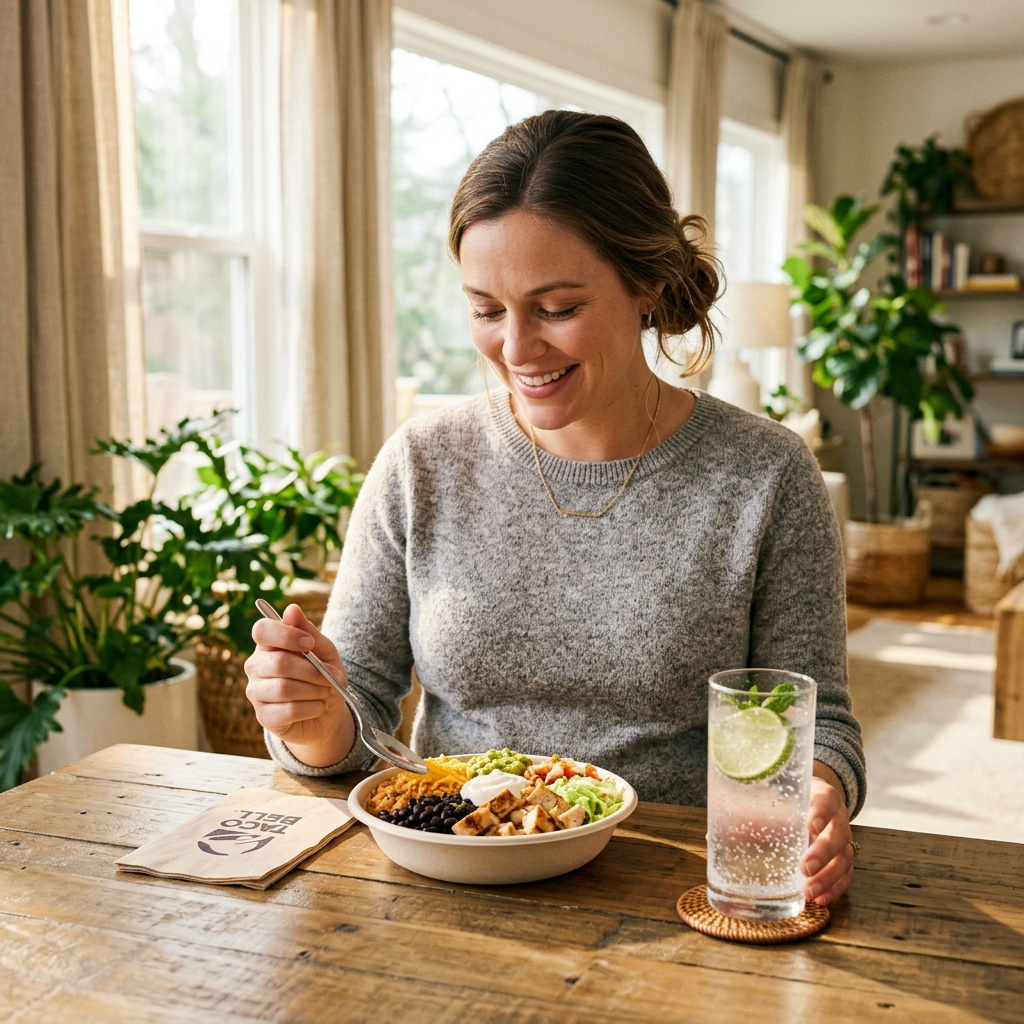 A pregnant woman enjoying a balanced Taco Bell Power Bowl with a glass of water.