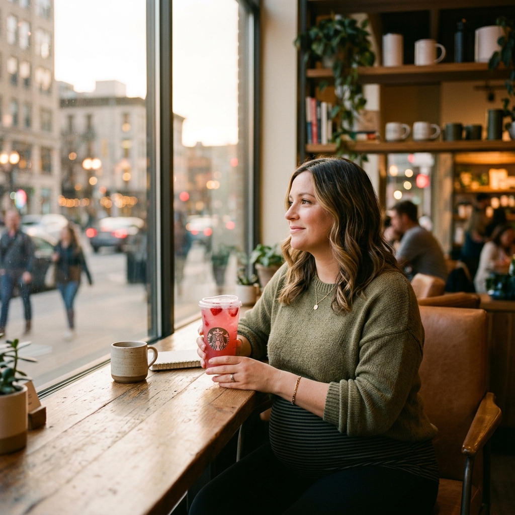 An expectant woman enjoying a quiet moment in a Starbucks, holding a clear cup with a pink drink.