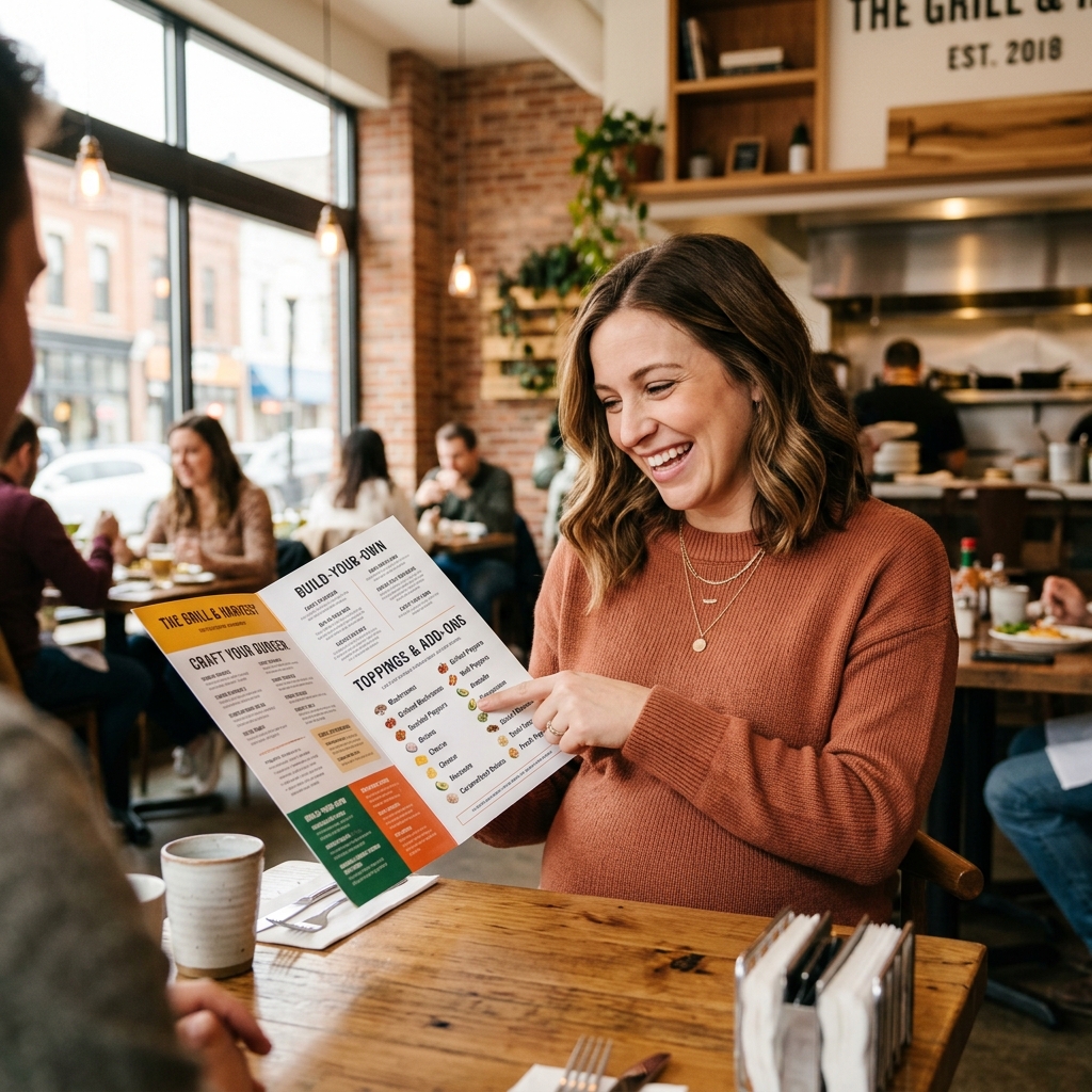 A smiling pregnant woman looking at a burger menu with various fresh topping options.