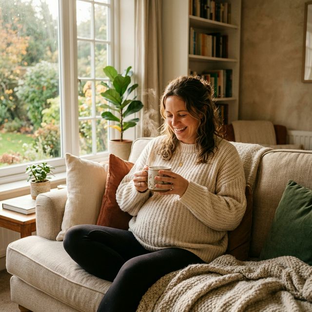 Cozy pregnant woman enjoying a warm mug of herbal tea