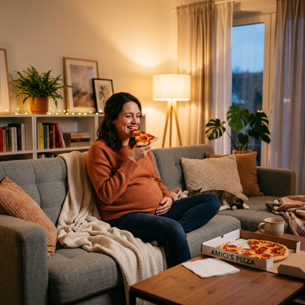 A pregnant woman enjoying a slice of pizza on the sofa—a well-deserved break with a safe, hot meal.